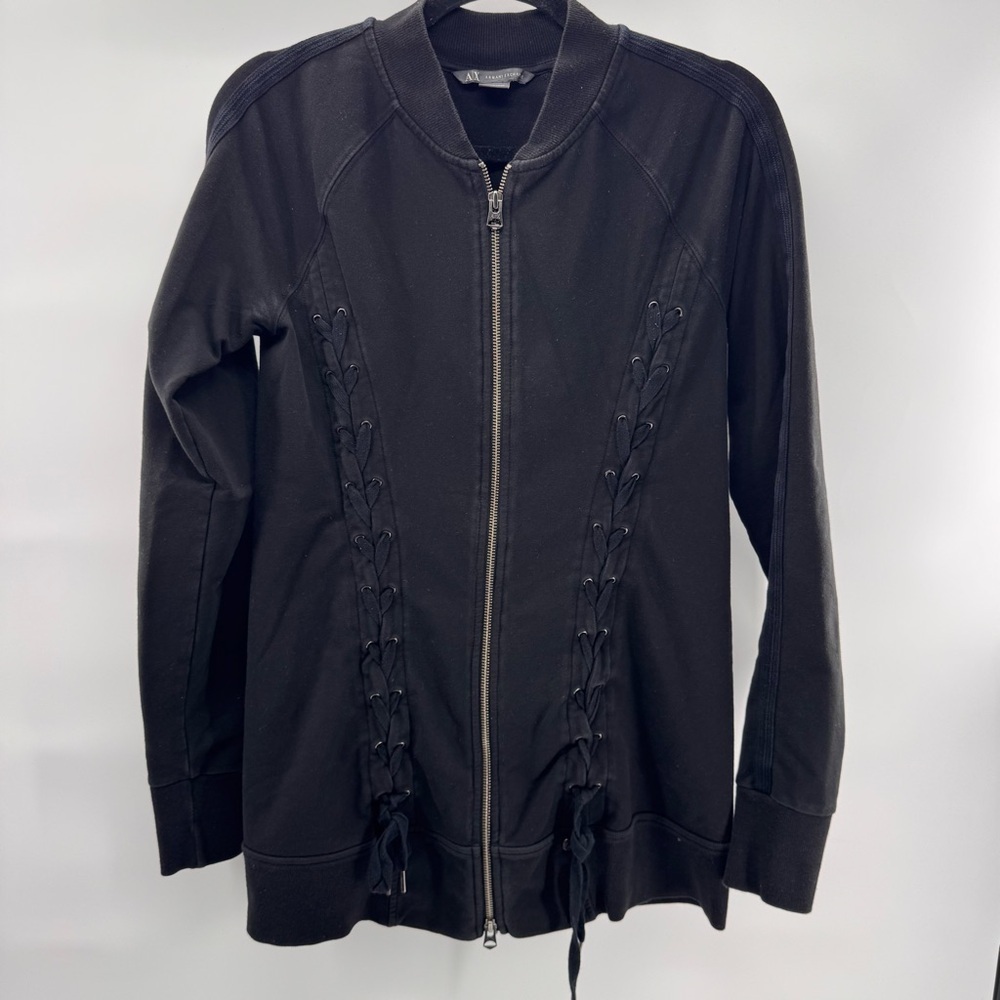 Armani Exchange Black Jacket Lace up Zip Tunic Cotton Sweatshirt Large - Picture 2 of 6